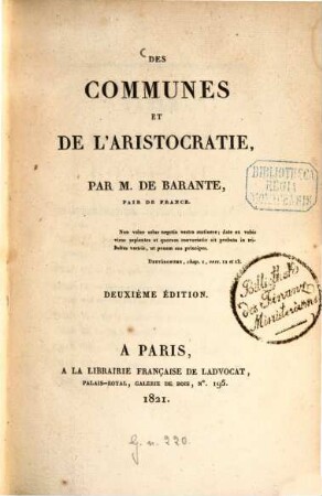 Des communes et de l'aristocratie