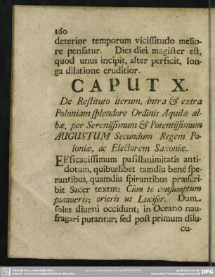 Caput X. De Restituto iterum, intra & extra Poloniam splendore Ordinis Aquilae albae, per Serenissimum & Potentissimum Augustum Secundum Regem Poloniae, ac Electorem Saxoniae