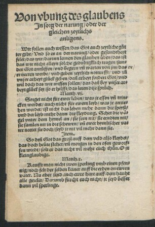 Von ubung des glaubens In sorg der narung/ oder der gleichen zeytlichs anligens.