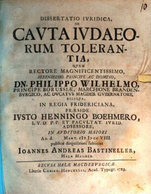 Dissertatio iuridica de cauta Iudaeorum tolerantia
