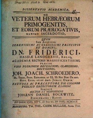 Diss. acad. de veterum Hebraeorum primogenitis et eorum praerogativis, maxime sacerdotio