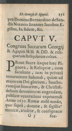 Caput V. Congruus Sacrarum Georgii & Agapiti MM. & DD. reliquarum Reliquiarum cultus.