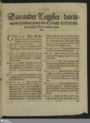 Das ander Register, darinnen verzeichnet seynd, die Sprüche H. Schrifft, so in diesem Buch erkläret werden