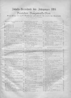 Inhalts-Verzeichniß des Jahrganges 1884 vom Deutschen Baugewerks-Blatt.