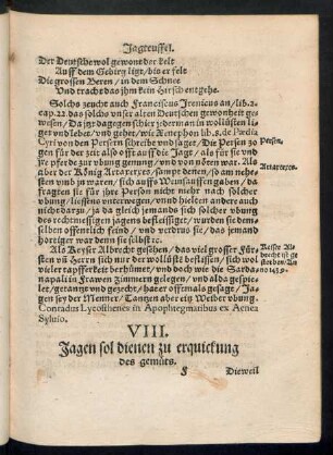 VIII. Jagen sol dienen zu erquickung des gemüts.