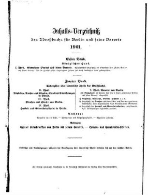 Inhalts= Verzeichniß des Adreßbuchs für Berlin und seine Vororte 1901 Erster Band