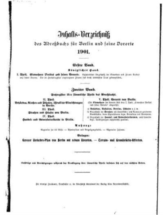Inhalts= Verzeichniß des Adreßbuchs für Berlin und seine Vororte 1901 Erster Band