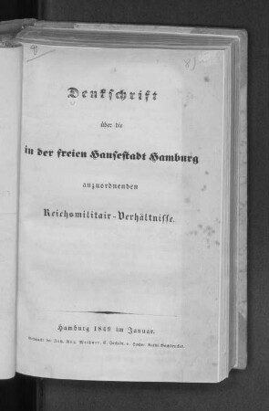 Denkschrift über die in der freien Hansestadt Hamburg anzuordnenden Reichsmilitair-Verhältnisse