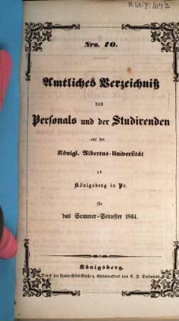 Amtliches Verzeichnis des Personals und der Studierenden der Albertus-Universität zu Königsberg i. Pr, 1864, SS = Nr. 70