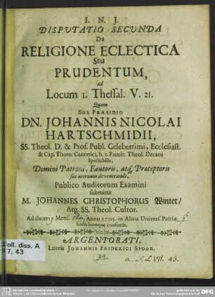 Disputatio Secunda De Religione Eclectica Seu Prudentum ad Locum 1. Thessal. V.21