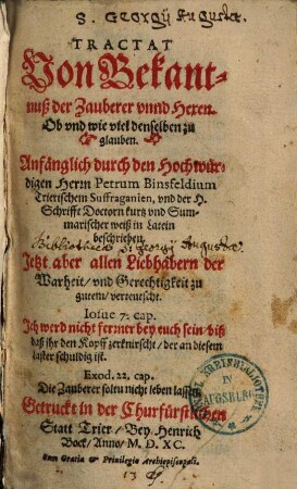 Tractat von Bekantnuß der Zauberer unnd Hexen, ob und wie viel denselben zu glauben