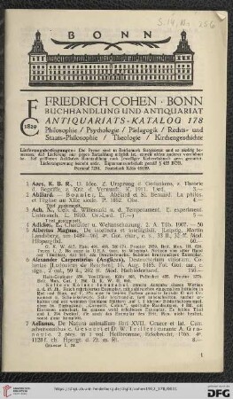 Nr. 178: Antiquariatskatalog / Friedrich Cohen, Buchhandlung und Antiquariat