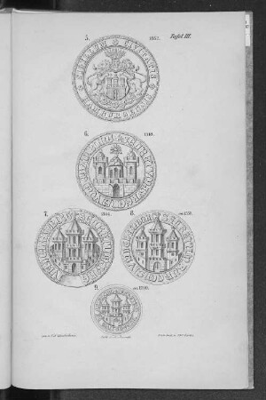 Tafel III. 5. 1852. 6. 1318. 7. 1344. 8. ca.1550. 9. ca.1720. : gez. v. C. F. Gaedechens. lith. v. A. Arends. Lith. Inst. v. Ch. Fuchs.