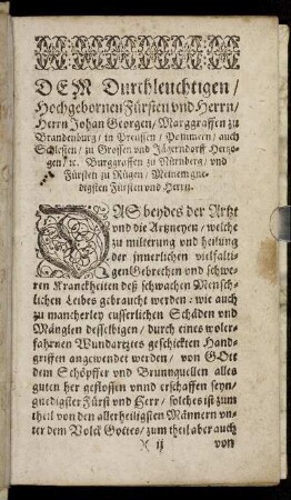 Dem Durchleuchtigen/ Hochgebornen Fürsten und Herrn/ Herrn Johan Georgen/ Marggraffen zu Brandenburg [...]
