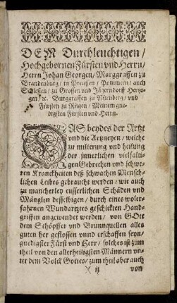 Dem Durchleuchtigen/ Hochgebornen Fürsten und Herrn/ Herrn Johan Georgen/ Marggraffen zu Brandenburg [...]