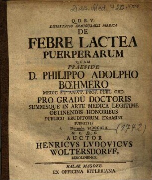Dissertatio Inauguralis Medica De Febre Lactea Puerperarum