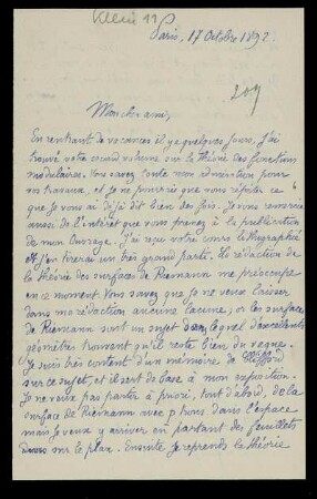 Nr. 6: Brief von Emile Picard an Felix Klein, Paris, 17.10.1892