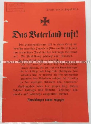 Aufruf des Staatsministeriums zum freiwilligen Kriegsdienst für 16 bis 20-jährige Männer