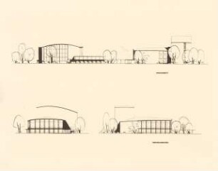 Stadthalle und Stadttheater, Siegen: Eingangs-, Theateransichten 1:200 (Foto von Inv.Nr. 36920)
