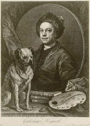 Selbstbildnis mit Mütze, Halbfigur im Oval mit Hund, Büchern und Palette