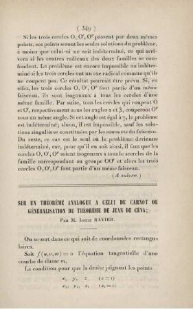 Sur un théorème analogue a celui de Carnot ou généralisation du théorème de Jean de Céva.