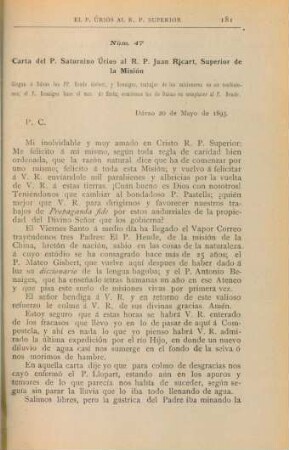 Núm. 47. Carta del P. Saturnino Úrios al R. P. Pablo Pastells, Superior de la Misión