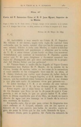 Núm. 47. Carta del P. Saturnino Úrios al R. P. Pablo Pastells, Superior de la Misión