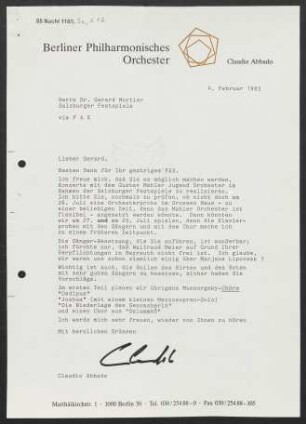 Brief an Gerard Mortier an Salzburger Festspiele, 04.02.1993