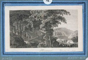 Blick aus den "Heiligen Hallen" (geschlossener Rotbuchenwald) auf Tharandt im Hintergrund mit der Burgruine und der Berg- und Stadtkirche, aus: Schumann, Lexikon, 1825