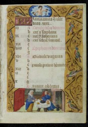 Kalendar: Januar; Monatsbild: Wärmen am Feuer; Tierkreiszeichen Wassermann; Trompe l'oeil-Rahmen mit Rankenästen und Vögeln