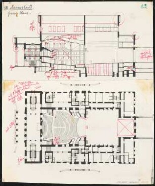 Großherzogliches Hoftheater, Darmstadt: Grundriss und Längsschnitt