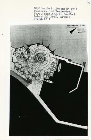 Fischer- und Feriendorf (Diplomarbeit bei Willy Kreuer): Grundriss Hafenvorplatz 1:200