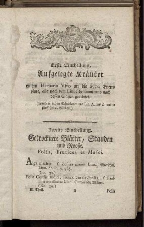 Erste Eintheilung. Aufgelegte Kräuter. [bis] Dritte Eintheilung. Blumen. Flores.