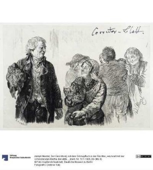 Der Gerichtsrat, mit dem Schnupftuch in der Rechten, wechselt mit der schmollenden Marthe die letzten Worte. Hinter Marthe tauschen Eve und Ruprecht den Versöhnungskuss, zu Heinrich von Kleist "Der Zerbrochene Krug"