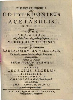 Dissertatiuncula De Cotyledonibus seu Acetabulis Uteri