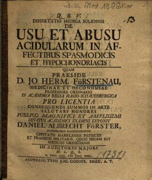 Dissertatio Medica Solennis De Usu Et Abusu Acidularum In Affectibus Spasmodicis Et Hypochondriacis