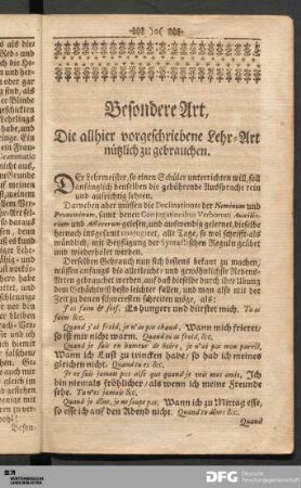 Besondere Art, Die allhier vorgeschriebene Lehr-Art nützlich zu gebrauchen.