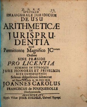 Specimen inaugurale juridicum de usu arithmeticae in jurisprudentia