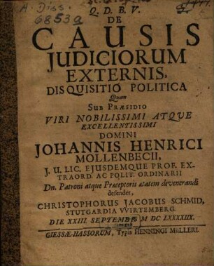 De Causis Judiciorum [Iudiciorum] Externis, Disquisitio Politica