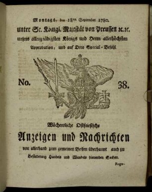 No. 38. Montags, den 18ten September 1780.