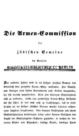 Die Armen-Commission der jüdischen Gemeine in Berlin