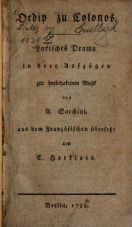 Oedip zu Colonos : Lyrisches Drama in drey Aufzügen