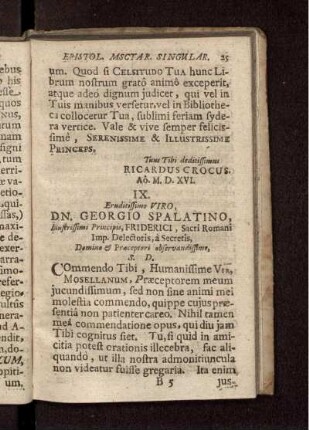 IX. Eruditissimo Viro, Dn. Georgio Spalatino, Illustrissimi Principis, Friderici, Sacri Romani Imp. Delectoris, a Secretis ... / Apellus