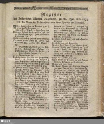 Register des Historischen Monatl. Tagebuchs, zu Ao. 1792. und 1793