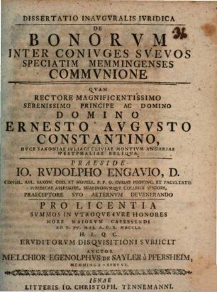 Dissertatio Inauguralis Iuridica De Bonorum Inter Coniuges Suevos Speciatim Memmingenses Communione