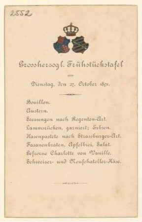 Menükarte : Grossherzogliche Frühstückstafel