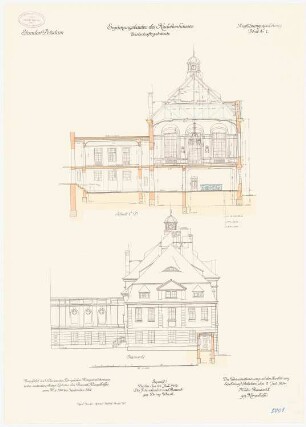 Kadettenhaus der Garnison Potsdam Ergänzungsbauten: Wirtschaftsgebäude: Aufriss Ostansicht, Querschnitt 1:100