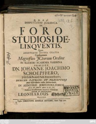 Disputatio Juridica De Foro Studiosi Delinqventis