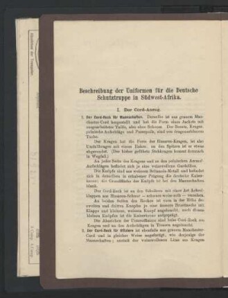 Beschreibung der Uniformen für die Deutsche Schutztruppe in Südwest-Afrika.