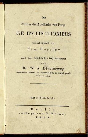 Die Bücher des Apollonius von Perga De Inclinationibus : Mit 19 Steintafeln